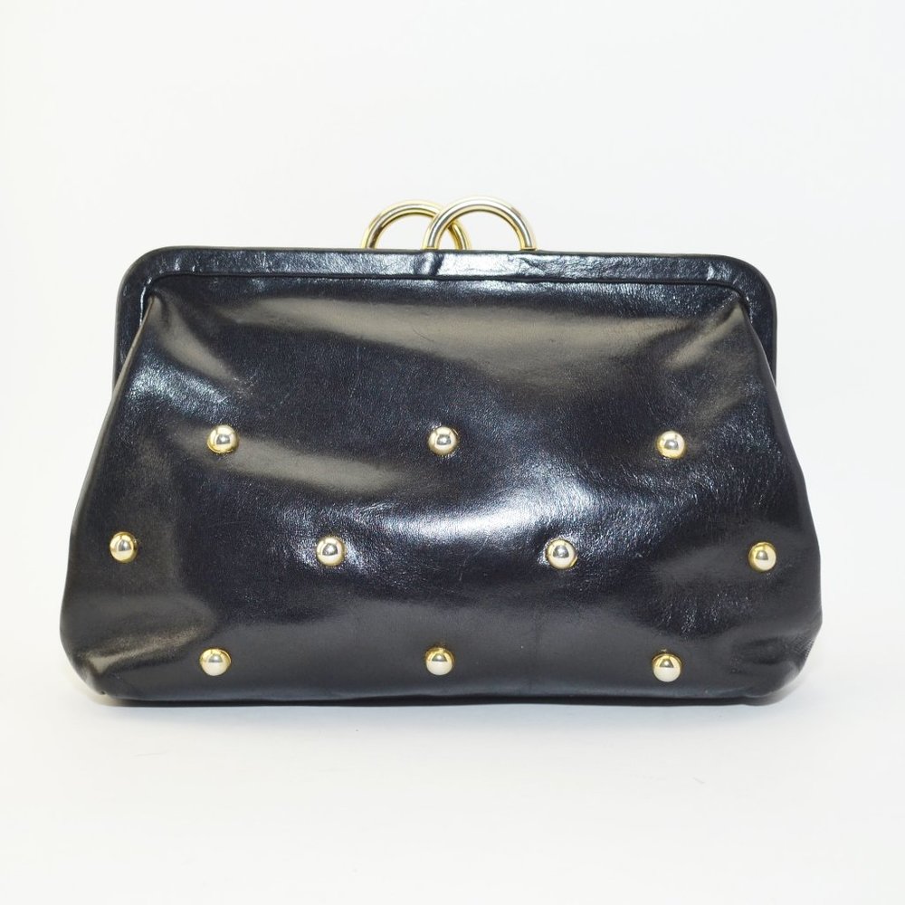 Furla Studded Black Leather Clutch // Vintage